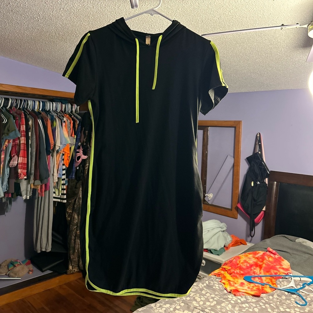 Brand new black hooded dress with neon yellow stripes